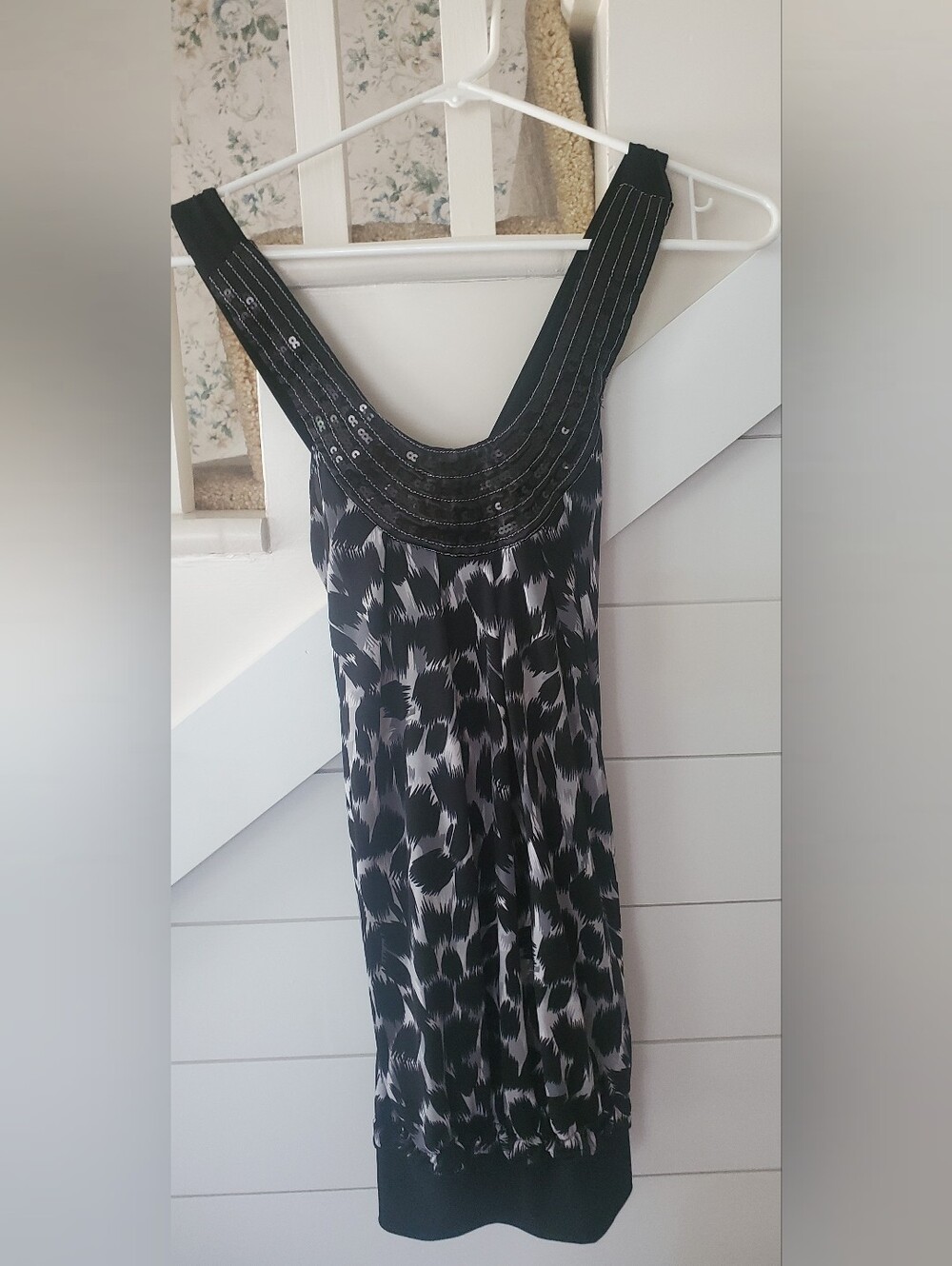 Black Cheetah Print Long Tank Top With Sequin Neckline & Criss Crossed Straps